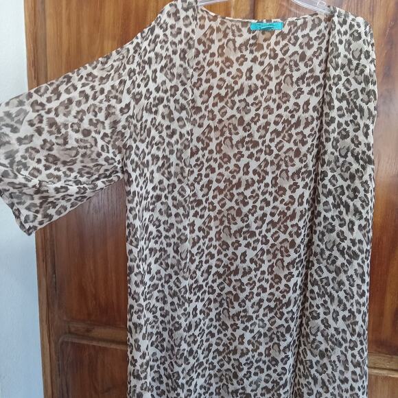 Turquoise Haven Sheer Leopard Animal Print Kimono Duster One Size Beach Cover Up - Picture 1 of 6